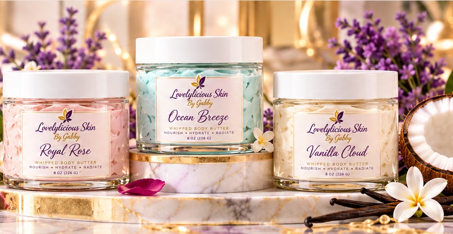 Whipped body butter jars surrounded by lavender, vanilla flowers and warm gold accents